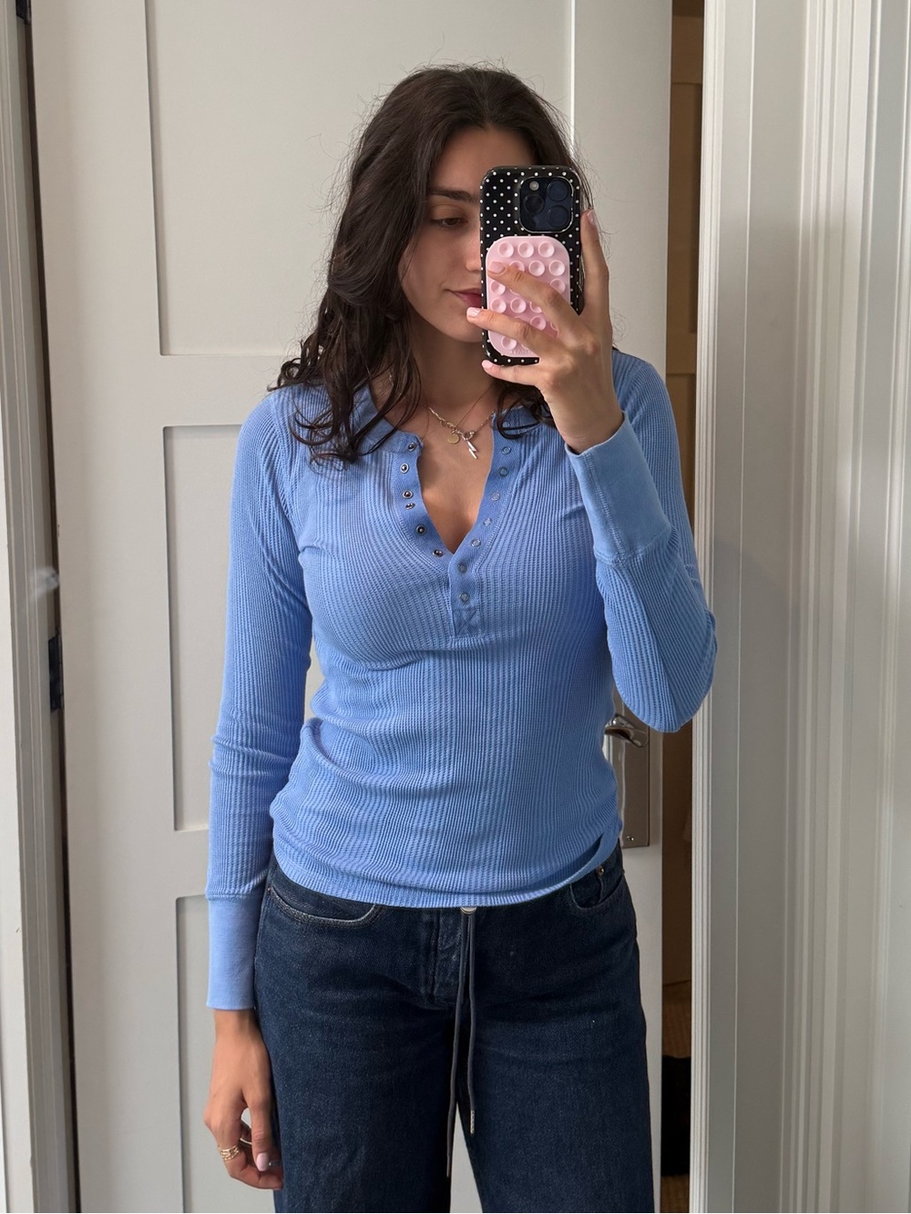 Light Blue Ribbed Henley Long Sleeve Top